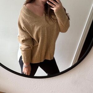 Vince Camuto Tan and Cream V-Neck Sweater